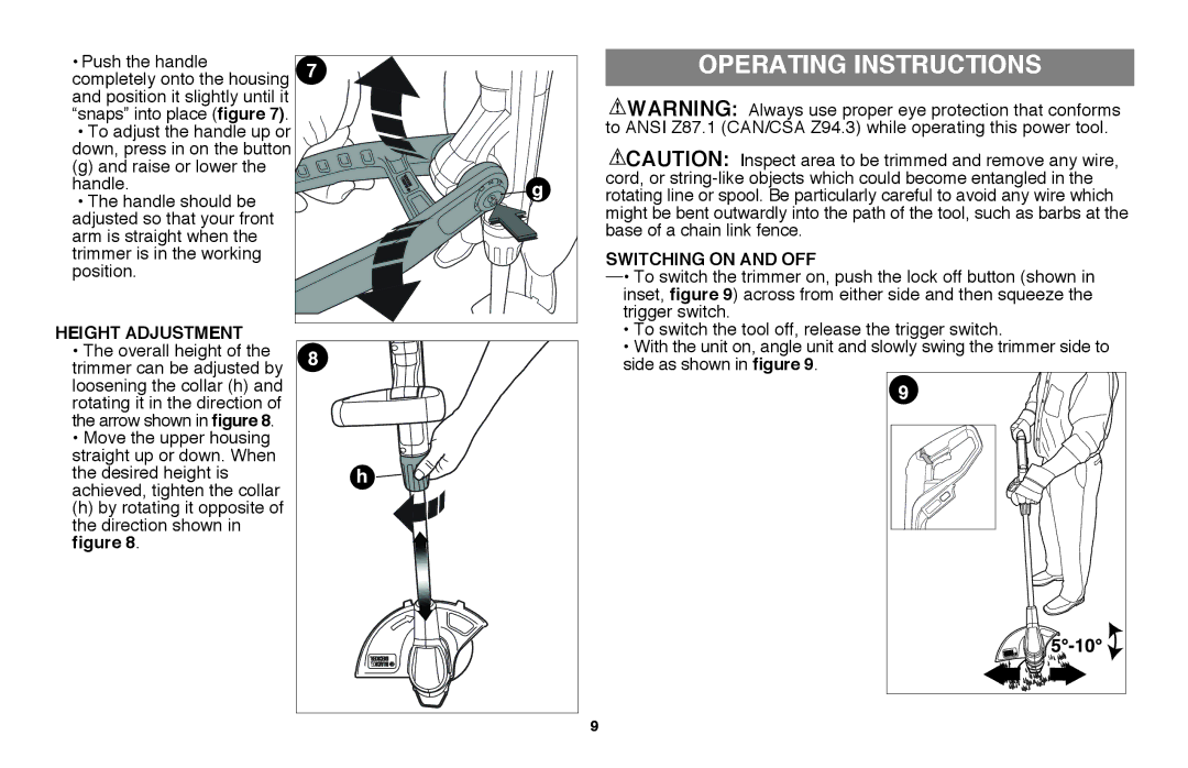 Black & Decker LST220 instruction manual Operating Instructions, Height adjustment, Switching on and off 